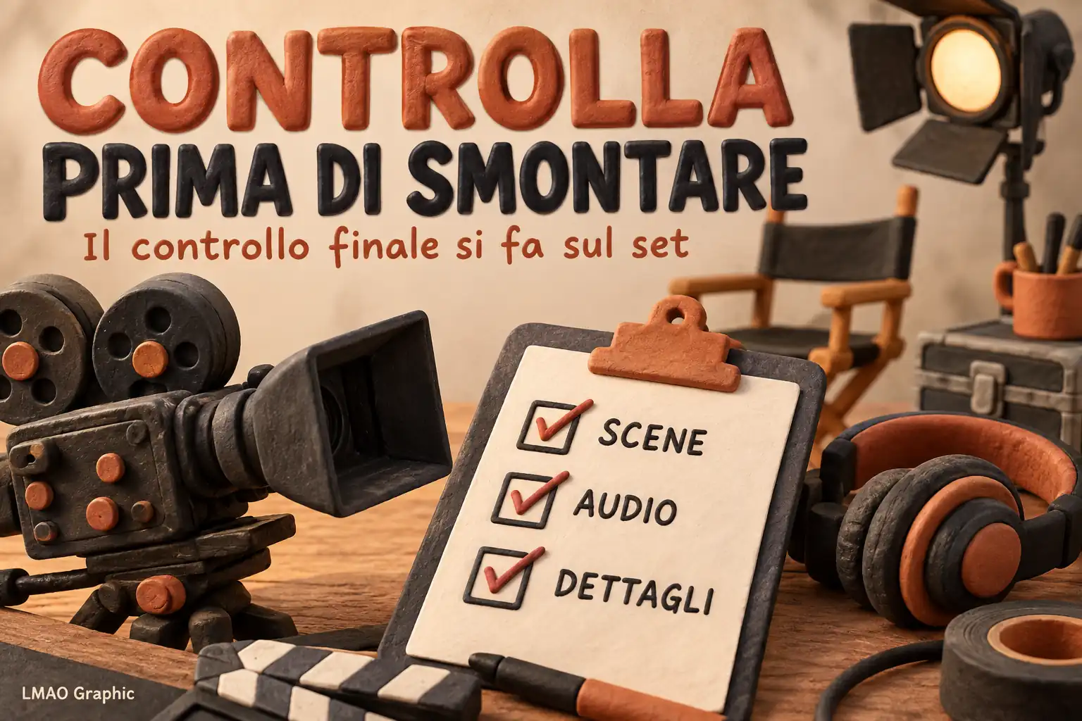 Composizione 3D in stile plastilina con videocamera, cuffie e lista di controllo di scene, audio e dettagli prima di smontare il set.