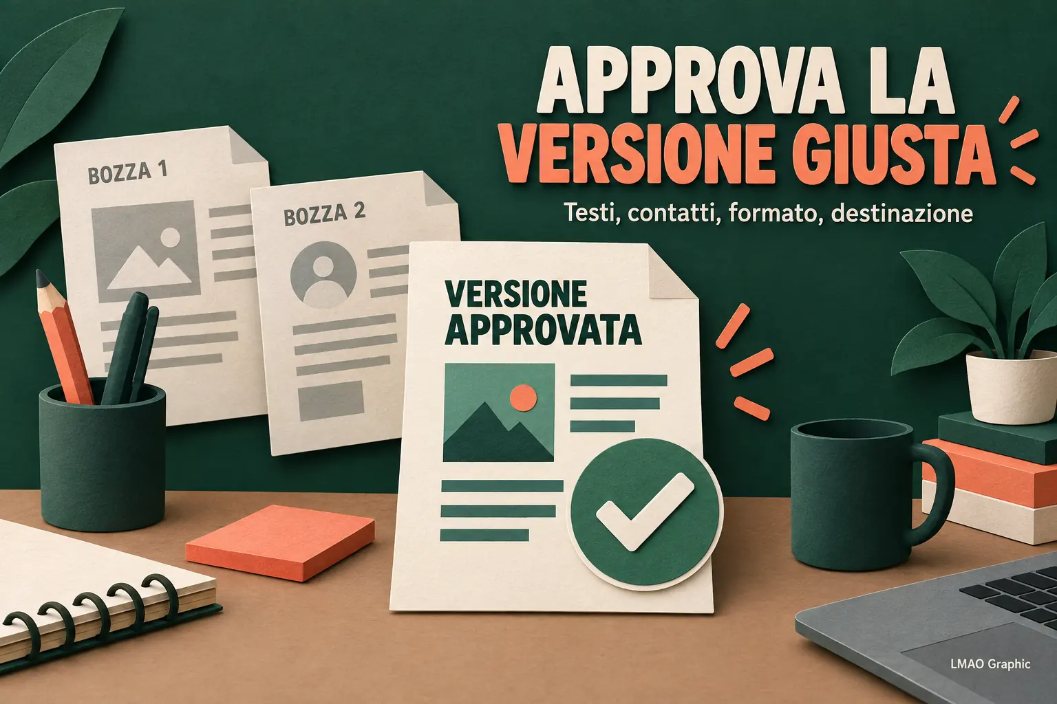Illustrazione con due bozze e una versione approvata con spunta: prima dell’approvazione si controllano testi, contatti, formato e destinazione.