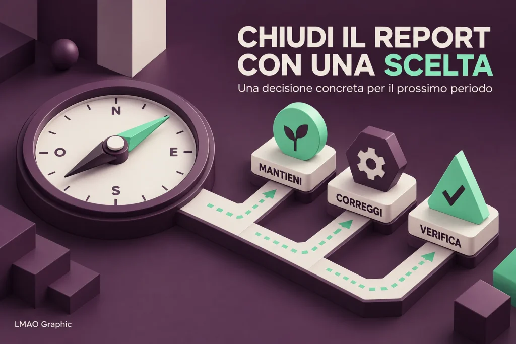 Composizione 3D con bussola e tre percorsi verso i simboli di crescita, ingranaggio e spunta: mantenere, correggere e verificare.