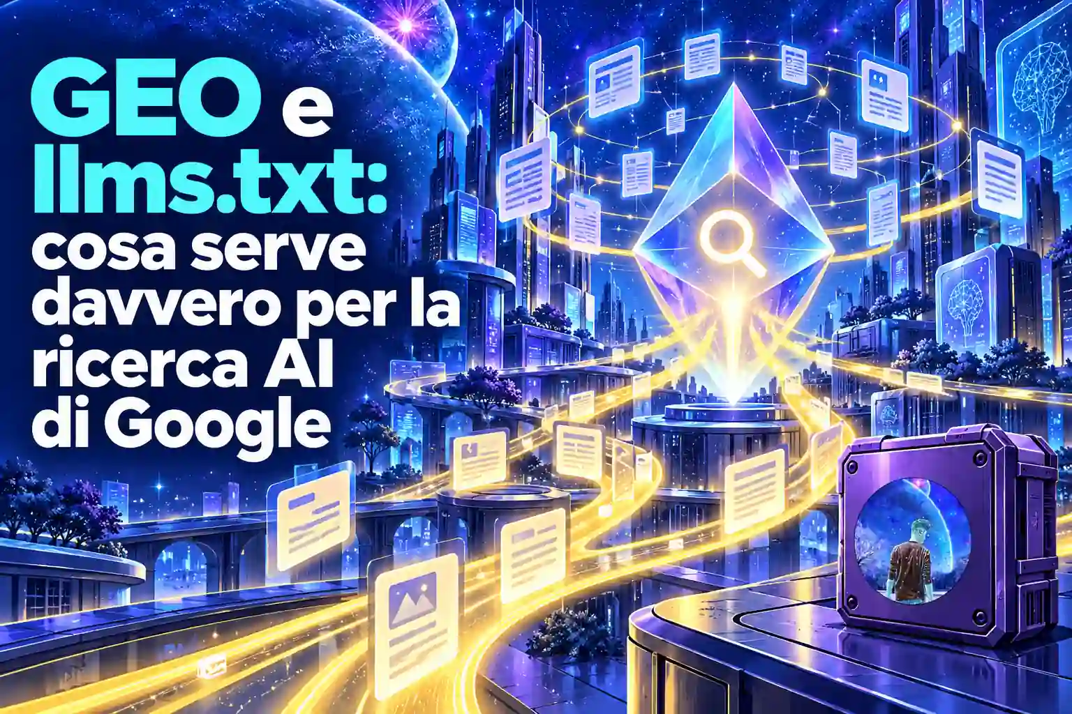 Copertina sul tema “GEO e llms.txt: cosa serve davvero per la ricerca AI di Google”, con documenti digitali che convergono verso un prisma luminoso con simbolo di ricerca in una città futuristica.