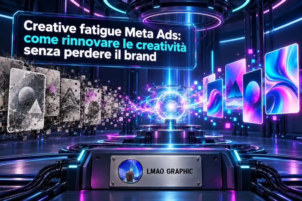 Creative fatigue nelle Meta Ads rappresentata dal passaggio da una serie di creatività grigie e deteriorate a nuovi visual colorati, con il brand Lmao Graphic e il messaggio sul rinnovo delle inserzioni senza perdere l’identità visiva.