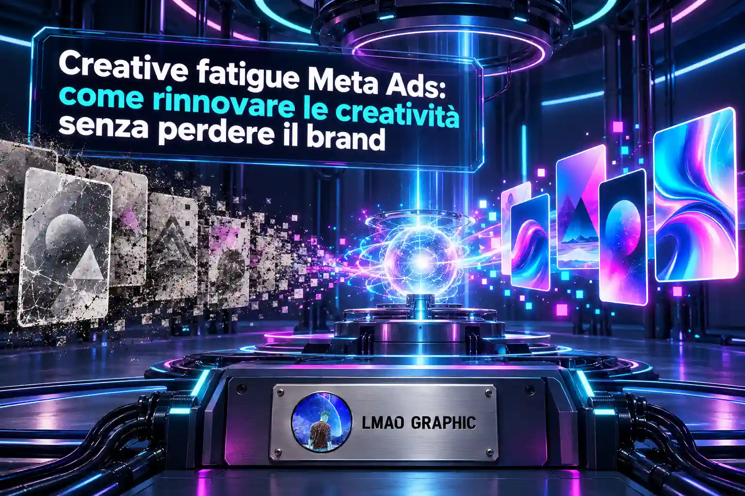 Creative fatigue nelle Meta Ads rappresentata dal passaggio da una serie di creatività grigie e deteriorate a nuovi visual colorati, con il brand Lmao Graphic e il messaggio sul rinnovo delle inserzioni senza perdere l’identità visiva.