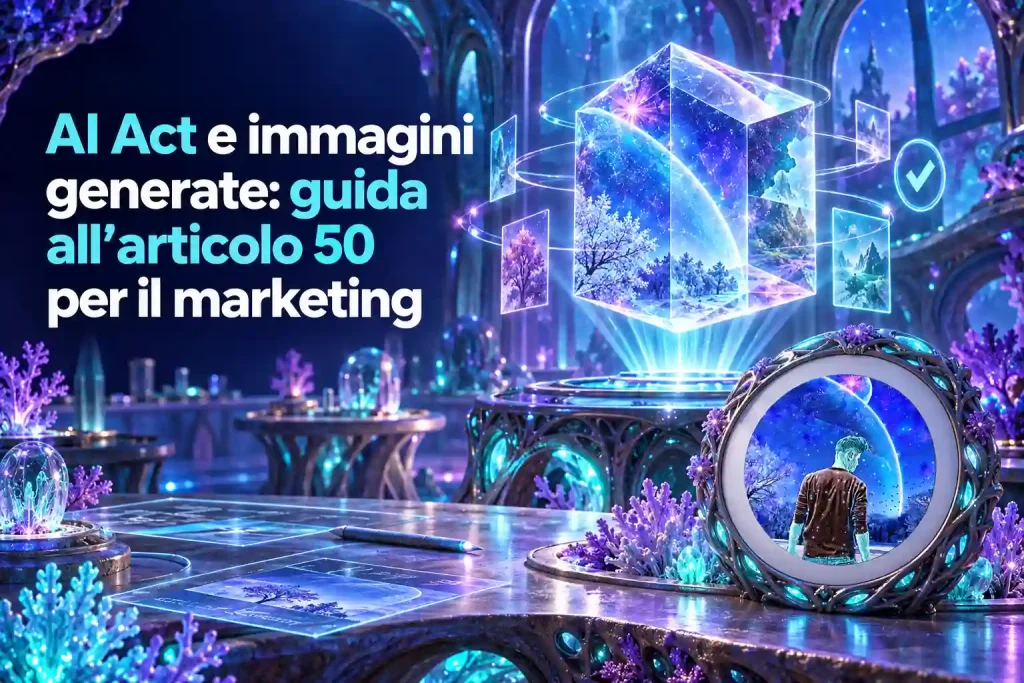 Copertina dedicata all’AI Act e alle immagini generate con intelligenza artificiale, con il titolo “AI Act e immagini generate: guida all’articolo 50 per il marketing” accanto a contenuti visivi digitali e simbolo di verifica.