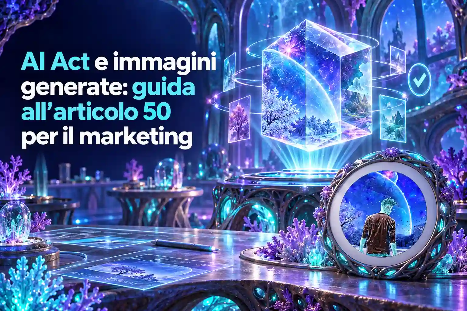 Copertina dedicata all’AI Act e alle immagini generate con intelligenza artificiale, con il titolo “AI Act e immagini generate: guida all’articolo 50 per il marketing” accanto a contenuti visivi digitali e simbolo di verifica.