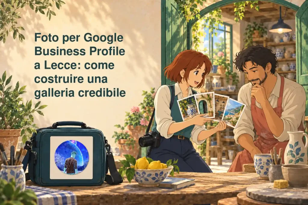 Copertina illustrata «Foto per Google Business Profile a Lecce: come costruire una galleria credibile». Una fotografa mostra le stampe a un ceramista; il logo LMAO Graphic compare sulla borsa fotografica.
