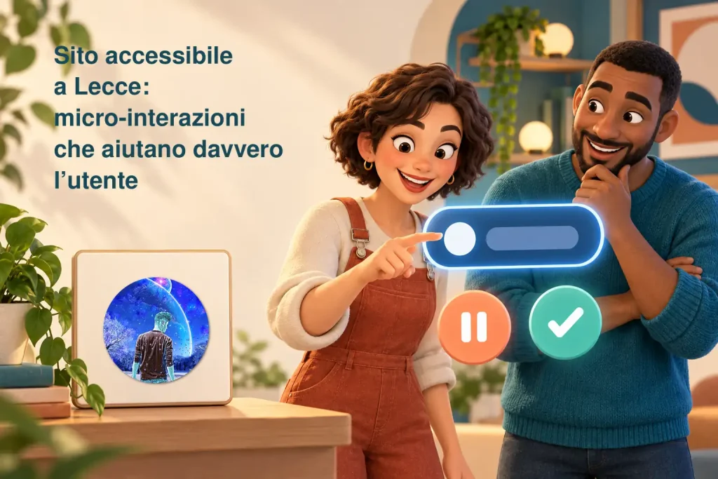 Copertina «Sito accessibile a Lecce: micro-interazioni che aiutano davvero l’utente». Due personaggi in 3D osservano un controllo luminoso e le icone di pausa e conferma, accanto al logo LMAO Graphic.