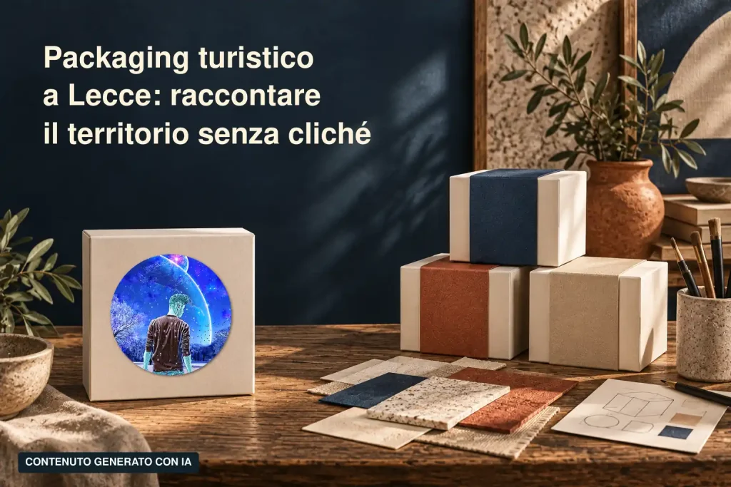 Copertina «Packaging turistico a Lecce: raccontare il territorio senza cliché», con scatole avorio, fasce blu e terracotta, campioni materici e logo LMAO Graphic. È visibile «CONTENUTO GENERATO CON IA».
