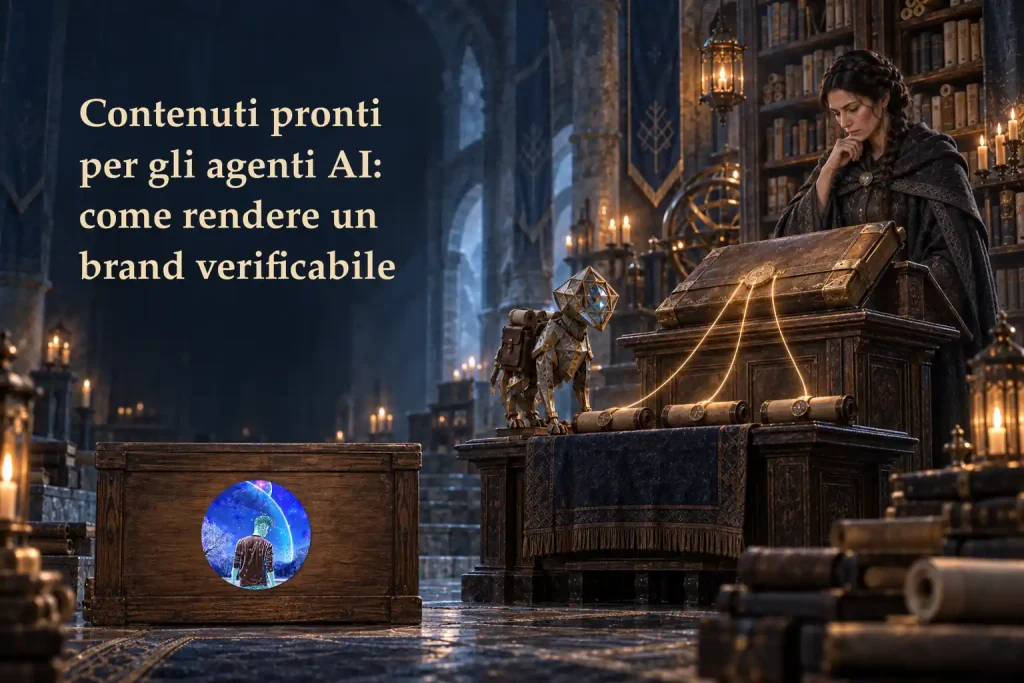 Copertina «Contenuti pronti per gli agenti AI: come rendere un brand verificabile». Un’archivista e un automa affiancano un libro collegato a tre pergamene da fili luminosi; il logo LMAO Graphic è su una cassa.