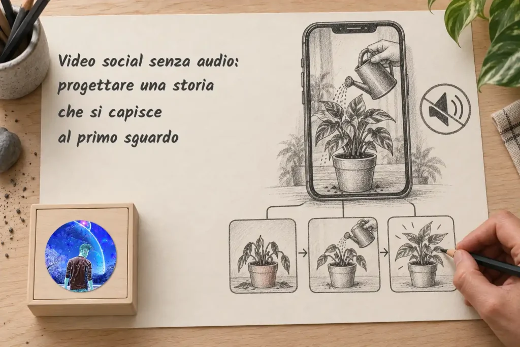 Copertina «Video social senza audio: progettare una storia che si capisce al primo sguardo». Una mano completa uno storyboard a matita con pianta, annaffiatoio e smartphone; sono presenti il simbolo dell’audio disattivato e il logo LMAO Graphic.