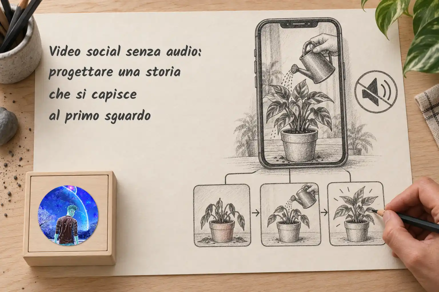 Copertina «Video social senza audio: progettare una storia che si capisce al primo sguardo». Una mano completa uno storyboard a matita con pianta, annaffiatoio e smartphone; sono presenti il simbolo dell’audio disattivato e il logo LMAO Graphic.