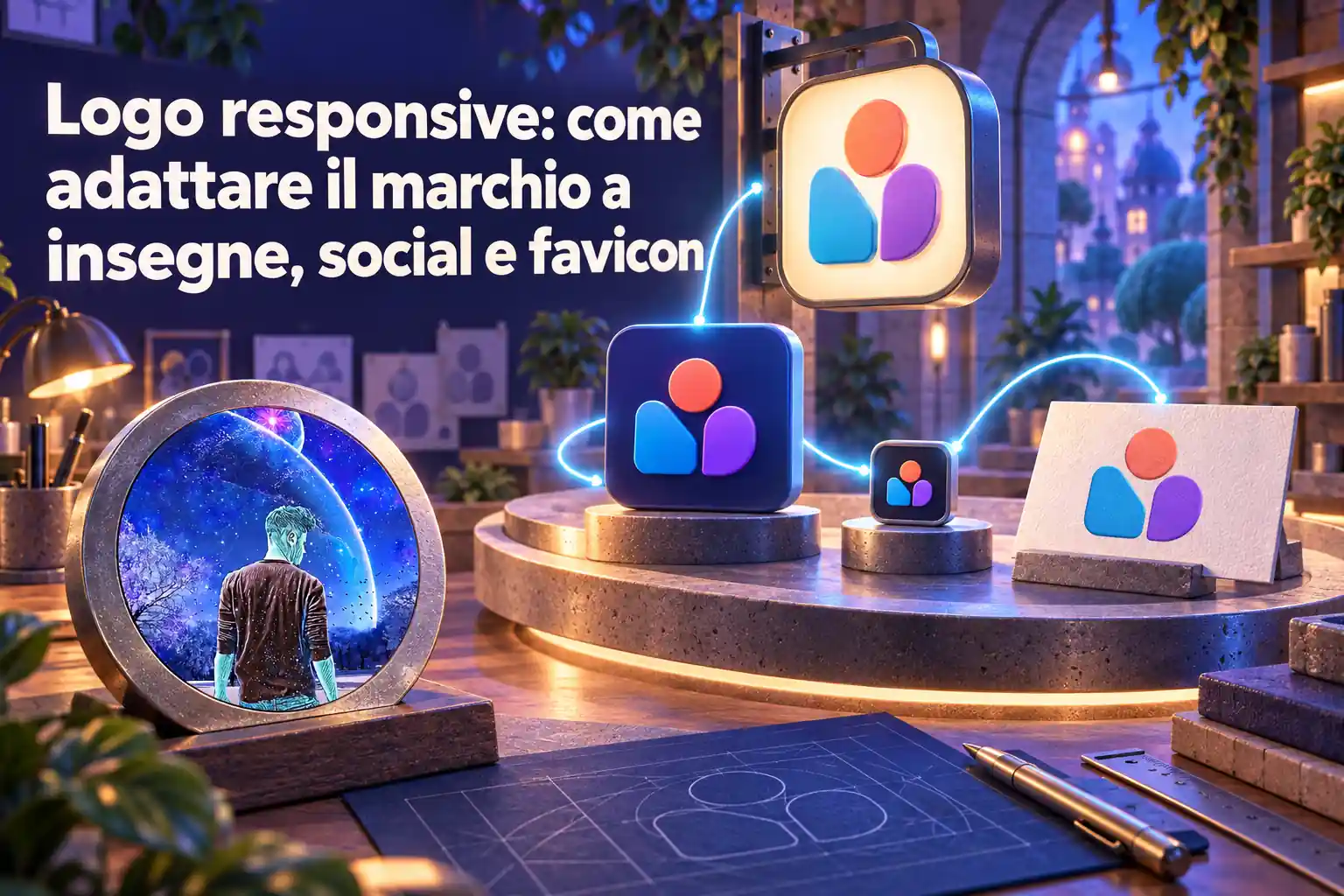 Logo responsive: come adattare il marchio a insegne, social e favicon. Il logo Lmao Graphic è mostrato come insegna, icona quadrata, favicon e applicazione stampata in una scena 3D.