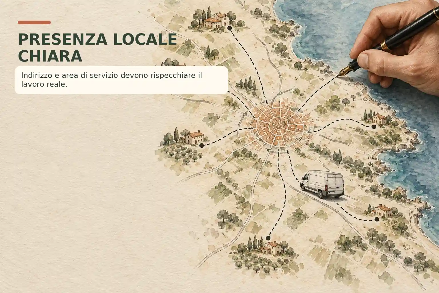 Mano con penna disegna su carta un percorso tra una base operativa, un furgone e diverse località del Salento; titolo sulla sinistra.