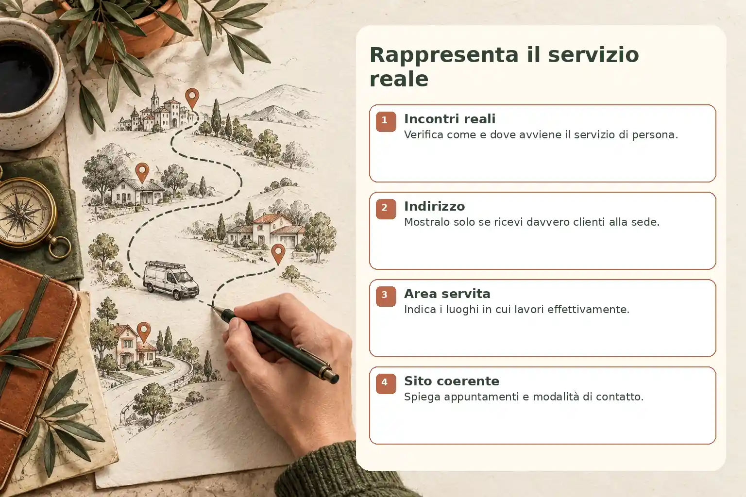 Infografica su carta illustrata con mano e penna: incontri reali, indirizzo, area servita e sito coerente, affiancati da un percorso disegnato.