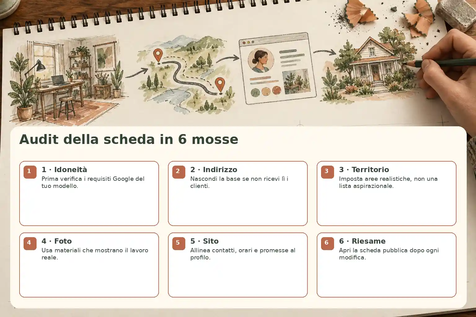Infografica su taccuino disegnato a mano con sei controlli: idoneità, indirizzo, territorio, foto, sito e riesame.