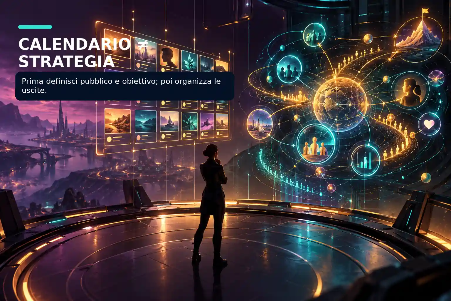 Una professionista osserva una griglia di pubblicazioni e una rete luminosa di obiettivi, pubblico e feedback in una città futuristica; titolo.