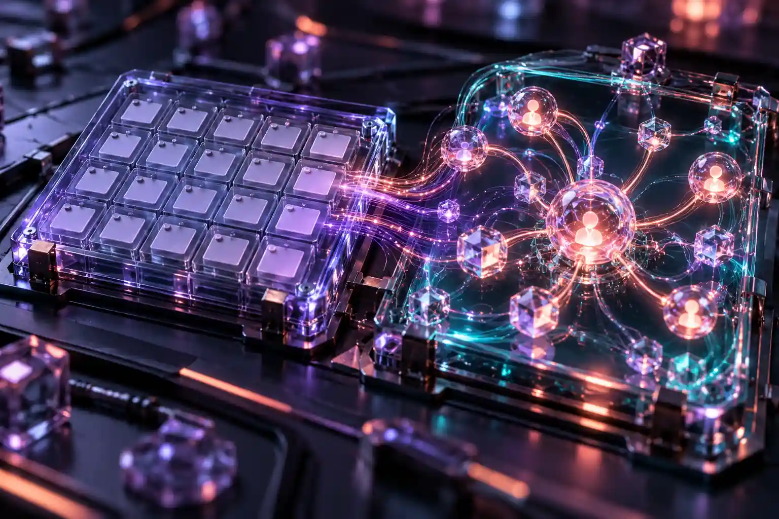 Moduli di vetro futuristici mostrano una griglia fissa di date collegata a una rete luminosa che reagisce ai segnali del pubblico.