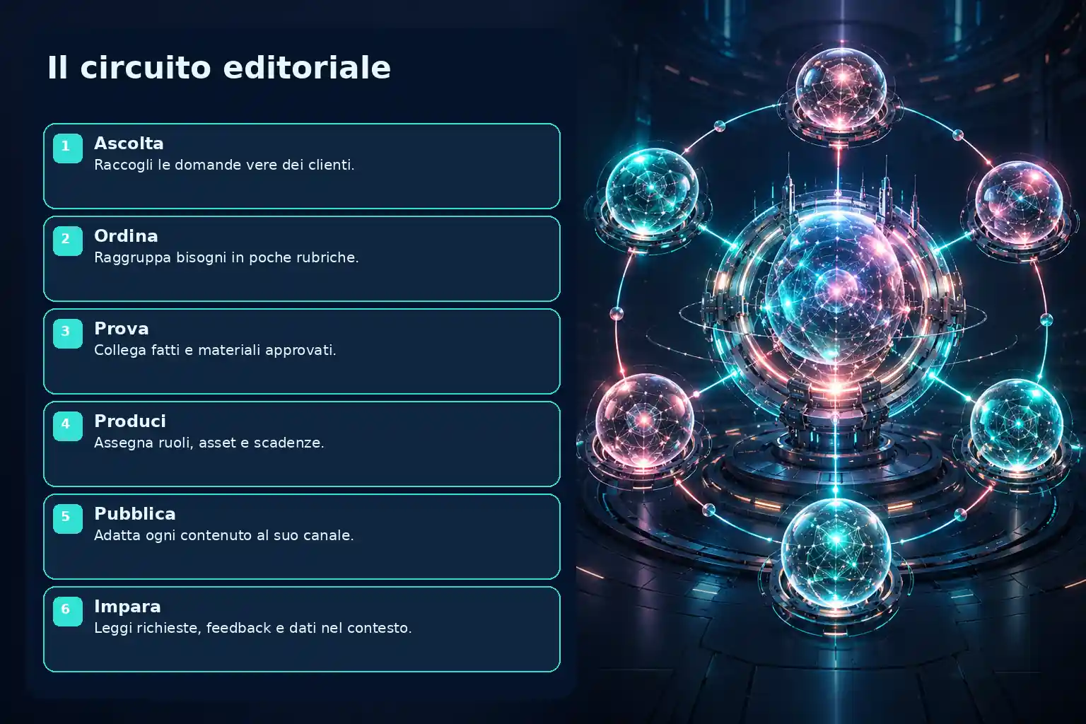 Infografica futuristica con nucleo luminoso e sei passaggi: ascolta, ordina, prova, produci, pubblica, impara.