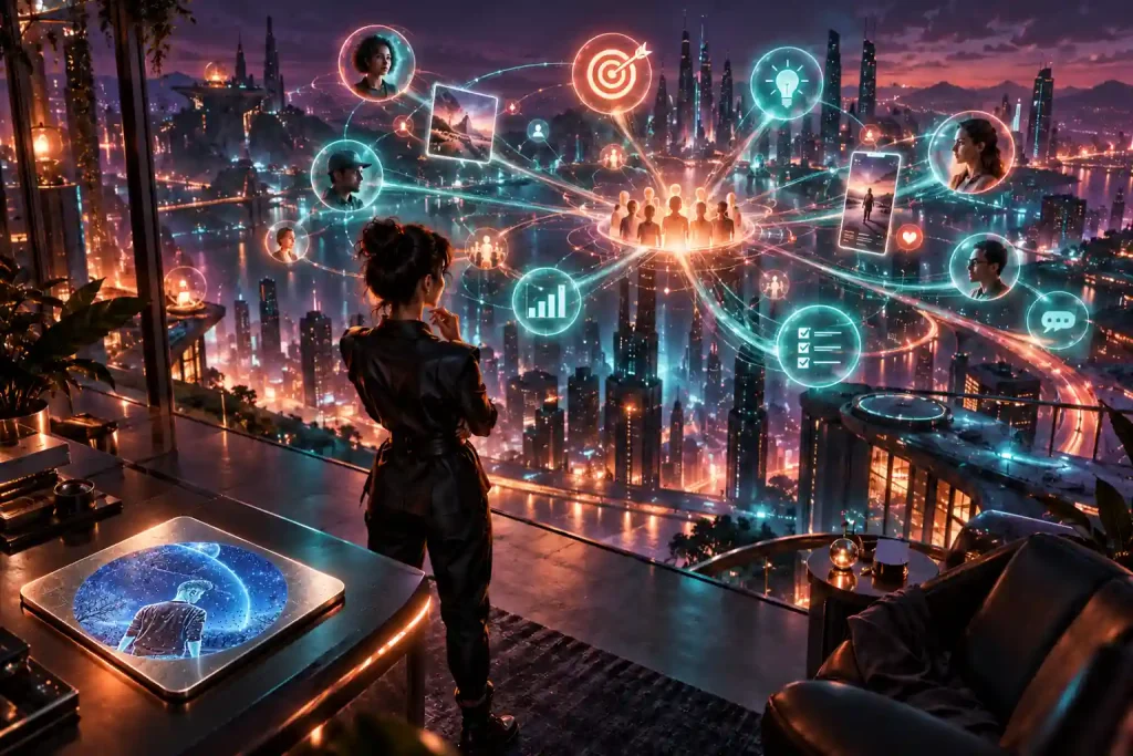 Strategist vista di spalle davanti a una rete di persone, obiettivi e contenuti sopra una città notturna; emblema circolare integrato sulla tessera metallica della console in basso a sinistra.