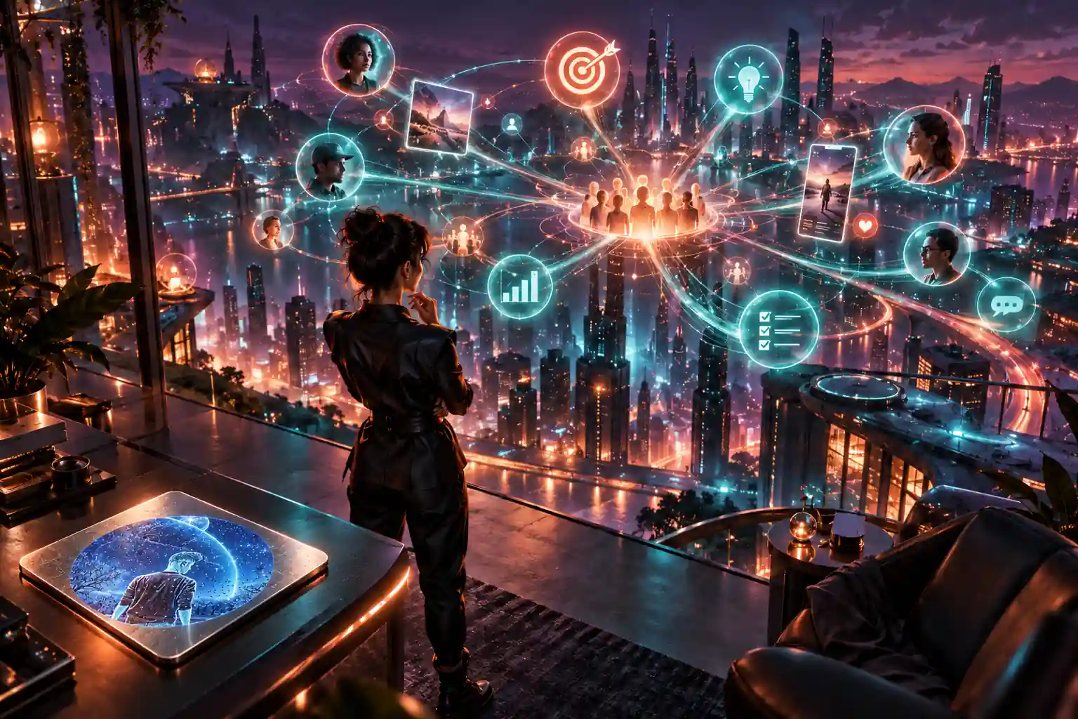Strategist vista di spalle davanti a una rete di persone, obiettivi e contenuti sopra una città notturna; emblema circolare integrato sulla tessera metallica della console in basso a sinistra.