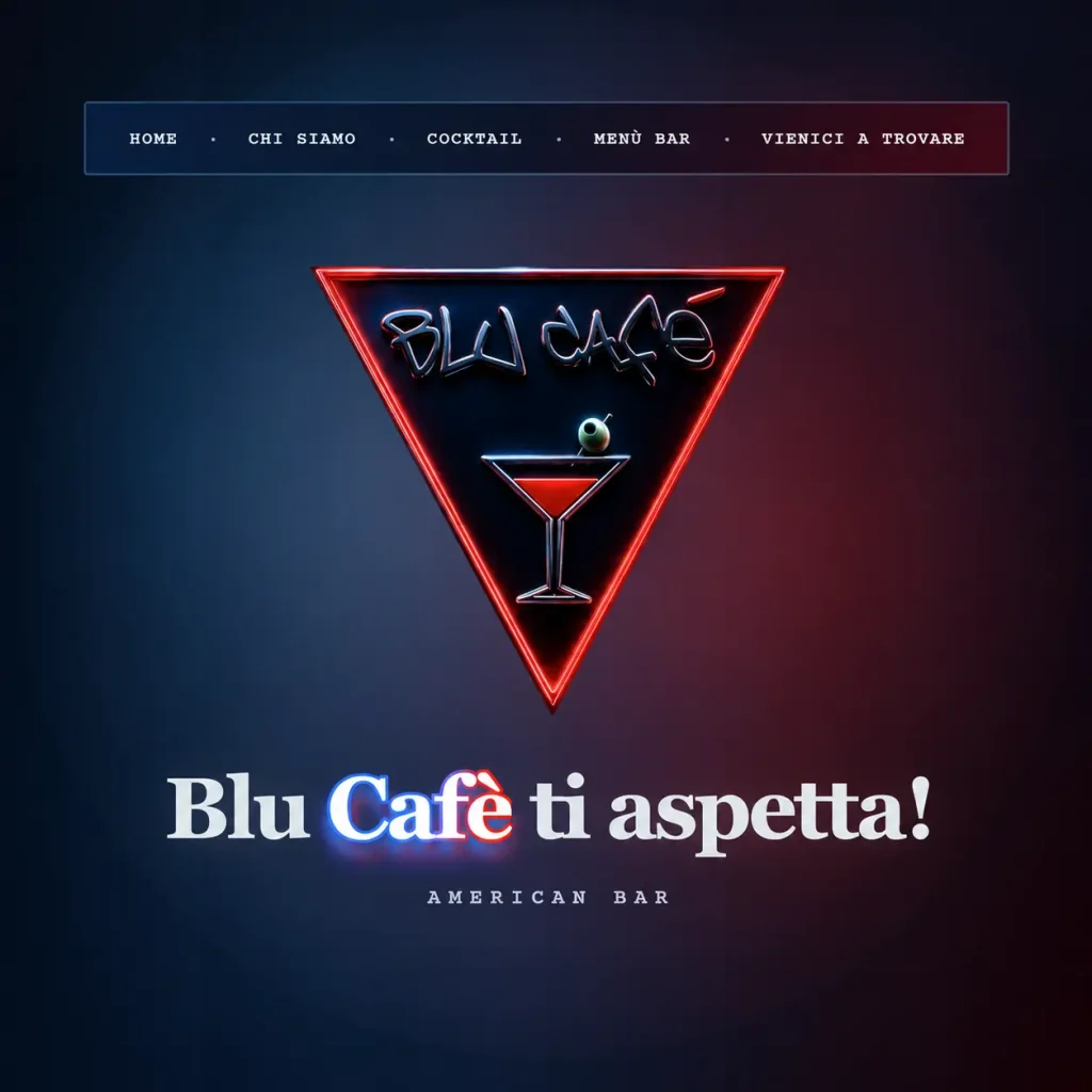 Logo triangolare di Blu Cafè con un calice da cocktail, su sfondo blu e rosso, accompagnato dalla scritta “Blu Cafè ti aspetta! American Bar”
