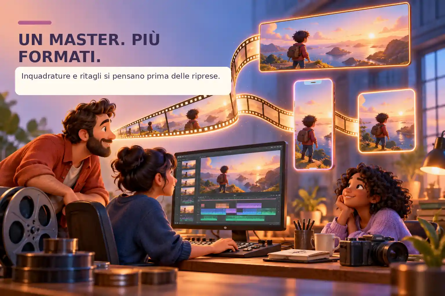 Studio di montaggio illustrato in 3D: una pellicola si dirama in schermi orizzontali, verticali e quadrati; titolo.