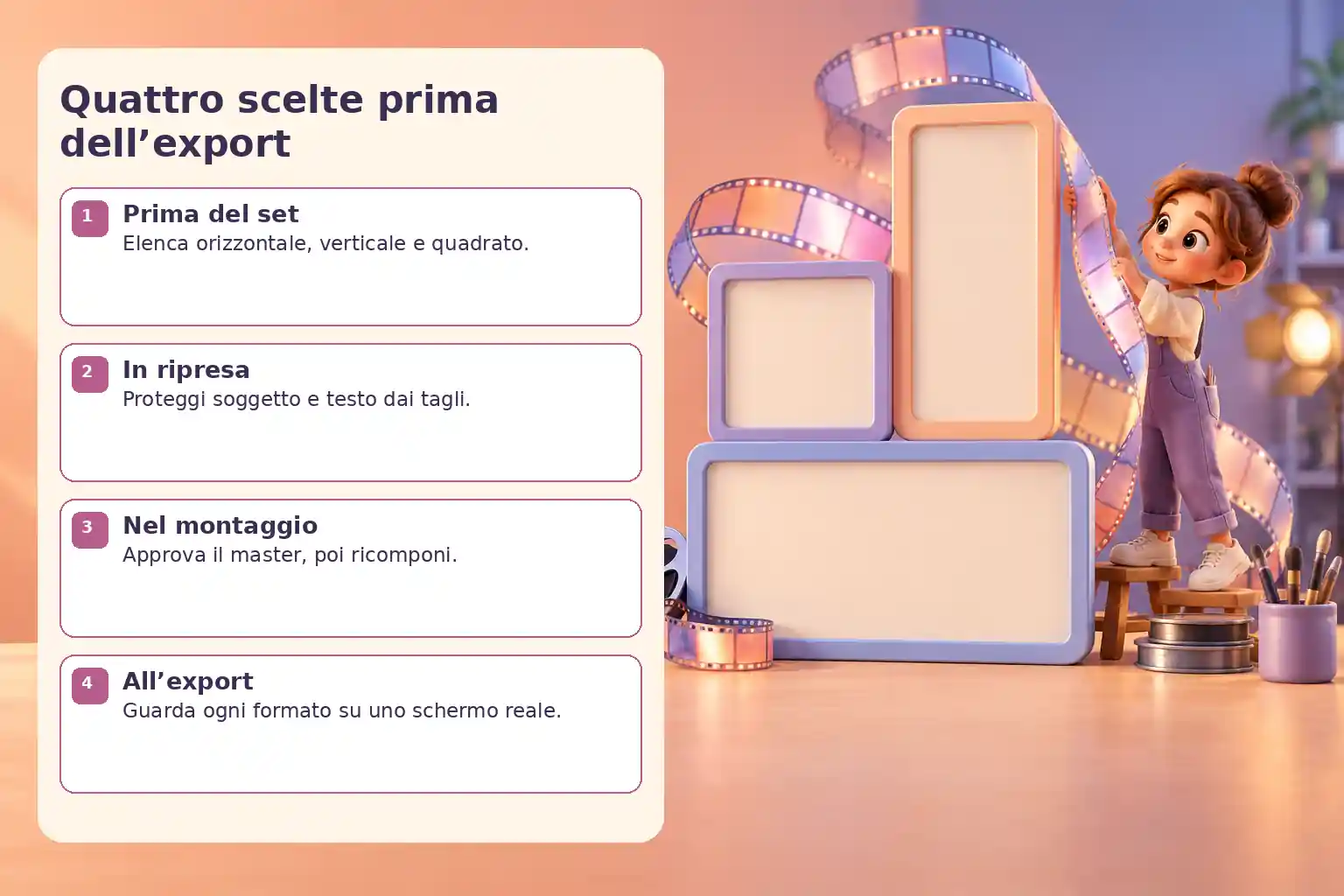 Infografica 3D con editor e cornici video; quattro fasi spiegano destinazioni, ripresa, montaggio del master e controllo degli export.