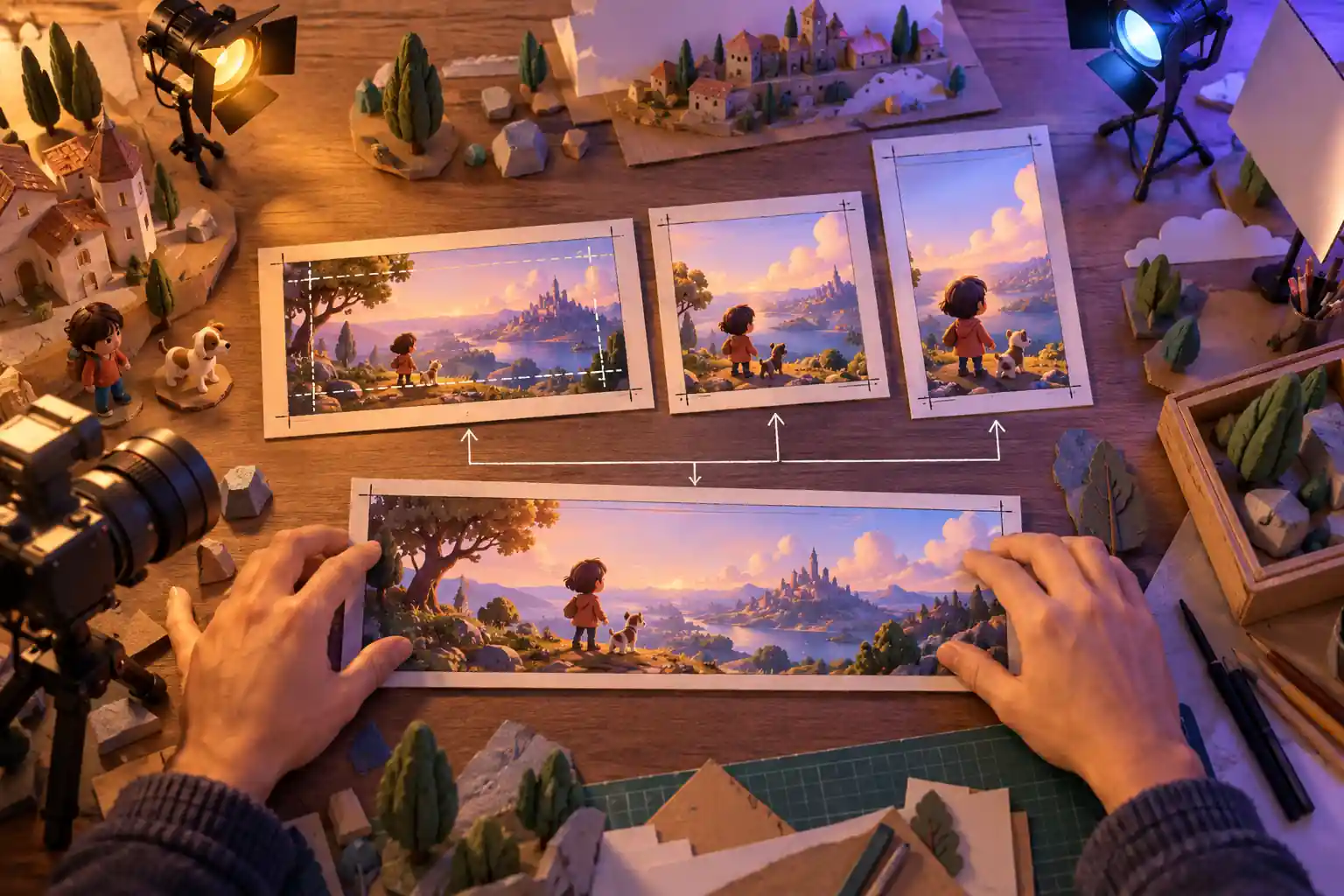 Tavolo di produzione in 3D visto dall’alto: una scena è confrontata su storyboard larghi e verticali prima del ritaglio.