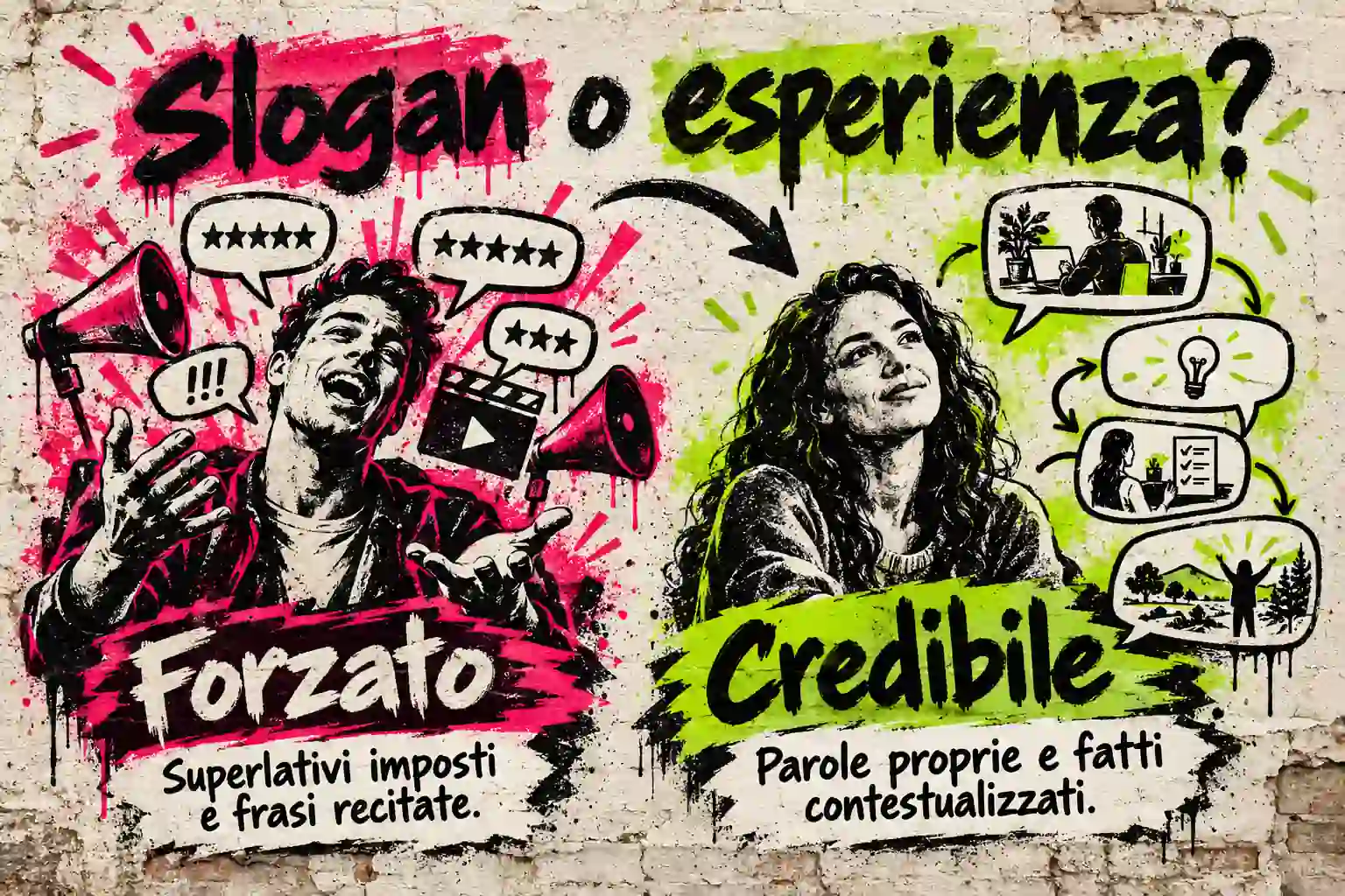 Confronto graffiti: superlativi imposti e frasi recitate da una parte, parole proprie e fatti contestualizzati dall’altra.