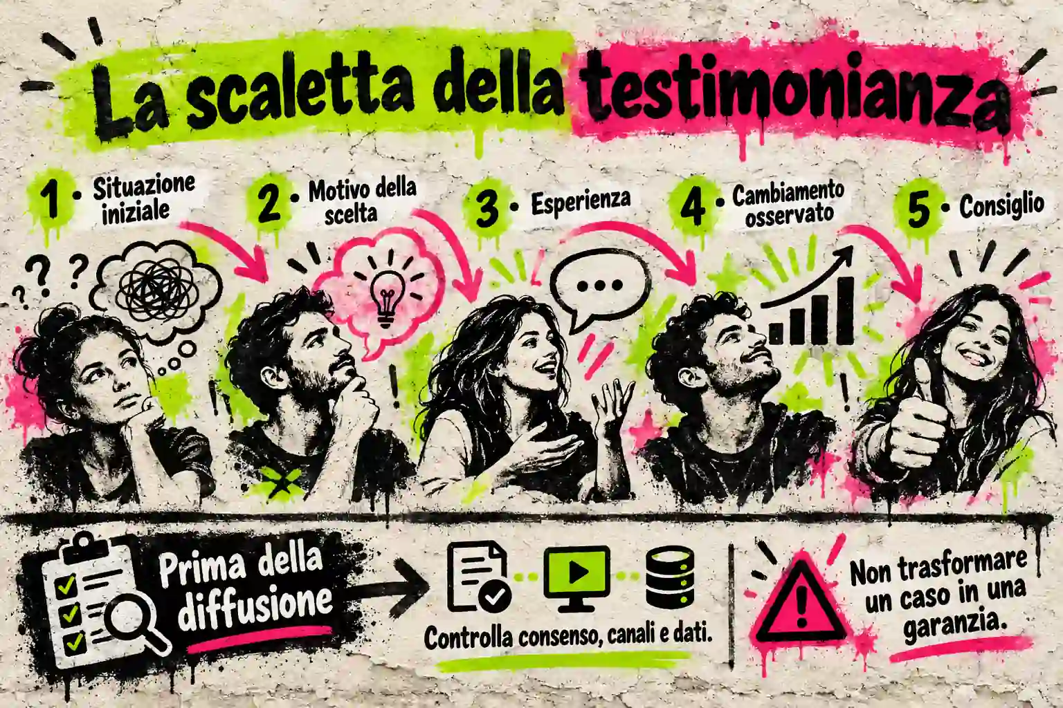 Cinque tappe illustrate: situazione iniziale, motivo della scelta, esperienza, cambiamento osservato e consiglio; prima della diffusione si controllano consenso, canali e dati.