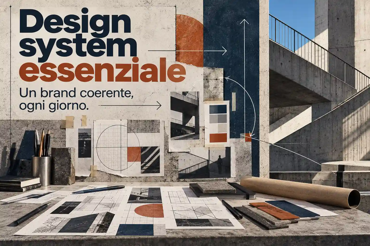 Tavole grafiche, campioni e architettura in cemento accompagnano il titolo Design system essenziale: un brand coerente, ogni giorno.