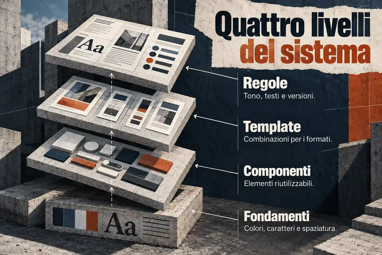 Quattro strati spiegano fondamenti visivi, elementi riutilizzabili, combinazioni per i formati e regole per tono, testi e versioni.