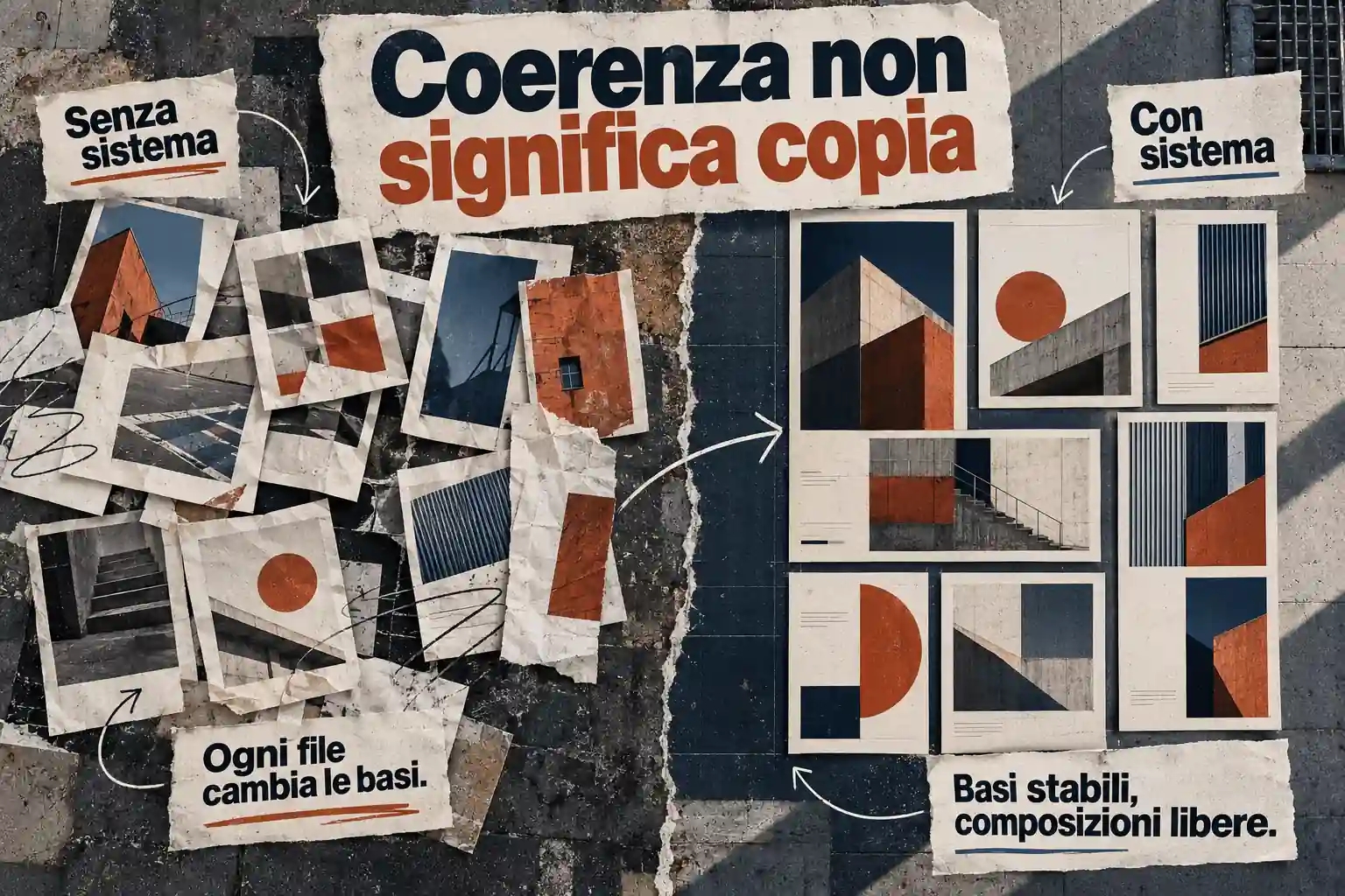Carte disordinate senza sistema si confrontano con applicazioni coordinate: coerenza non significa copia.