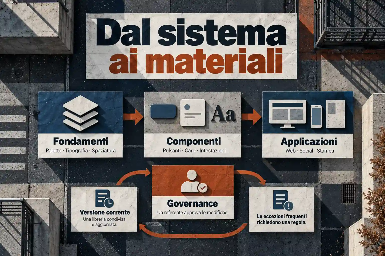 Fondamenti, componenti e applicazioni sono collegati a una libreria corrente e a un referente che approva le modifiche; le eccezioni frequenti richiedono una regola.
