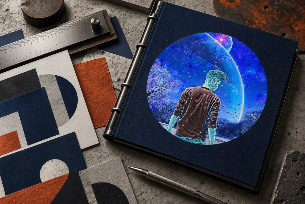Raccoglitore blu con emblema cosmico stampato sul tessuto, accanto a un righello metallico e campioni grafici su cemento