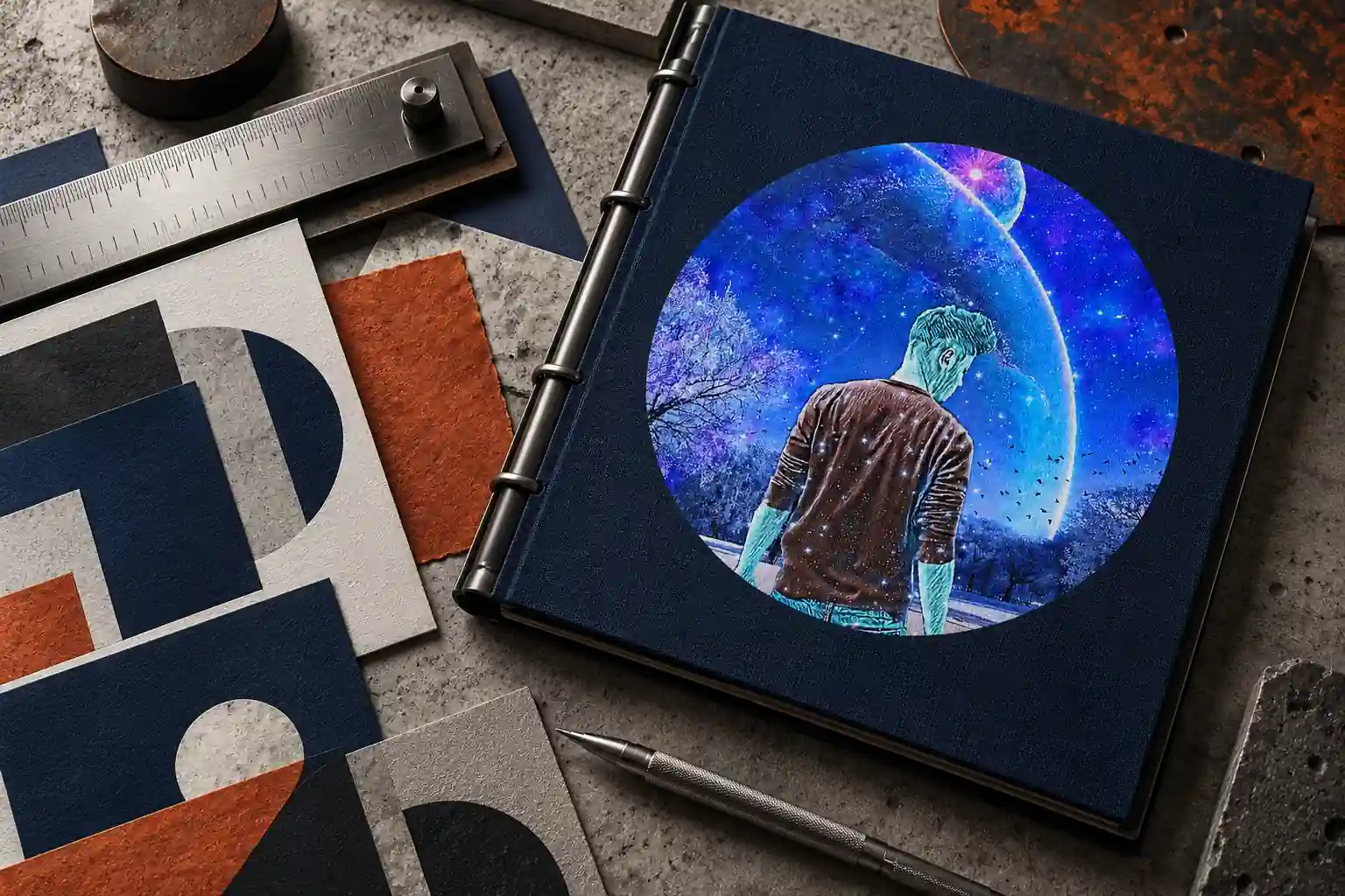 Raccoglitore blu con emblema cosmico stampato sul tessuto, accanto a un righello metallico e campioni grafici su cemento