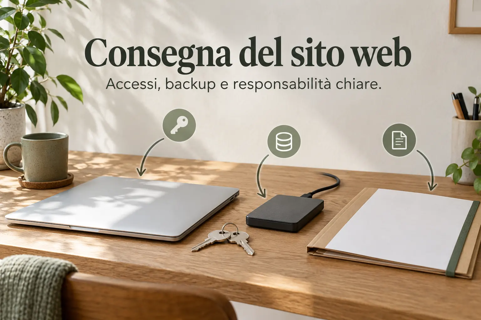 Laptop chiuso, chiavi, disco esterno e cartella su un tavolo. Consegna del sito web: accessi, backup e responsabilità chiare.