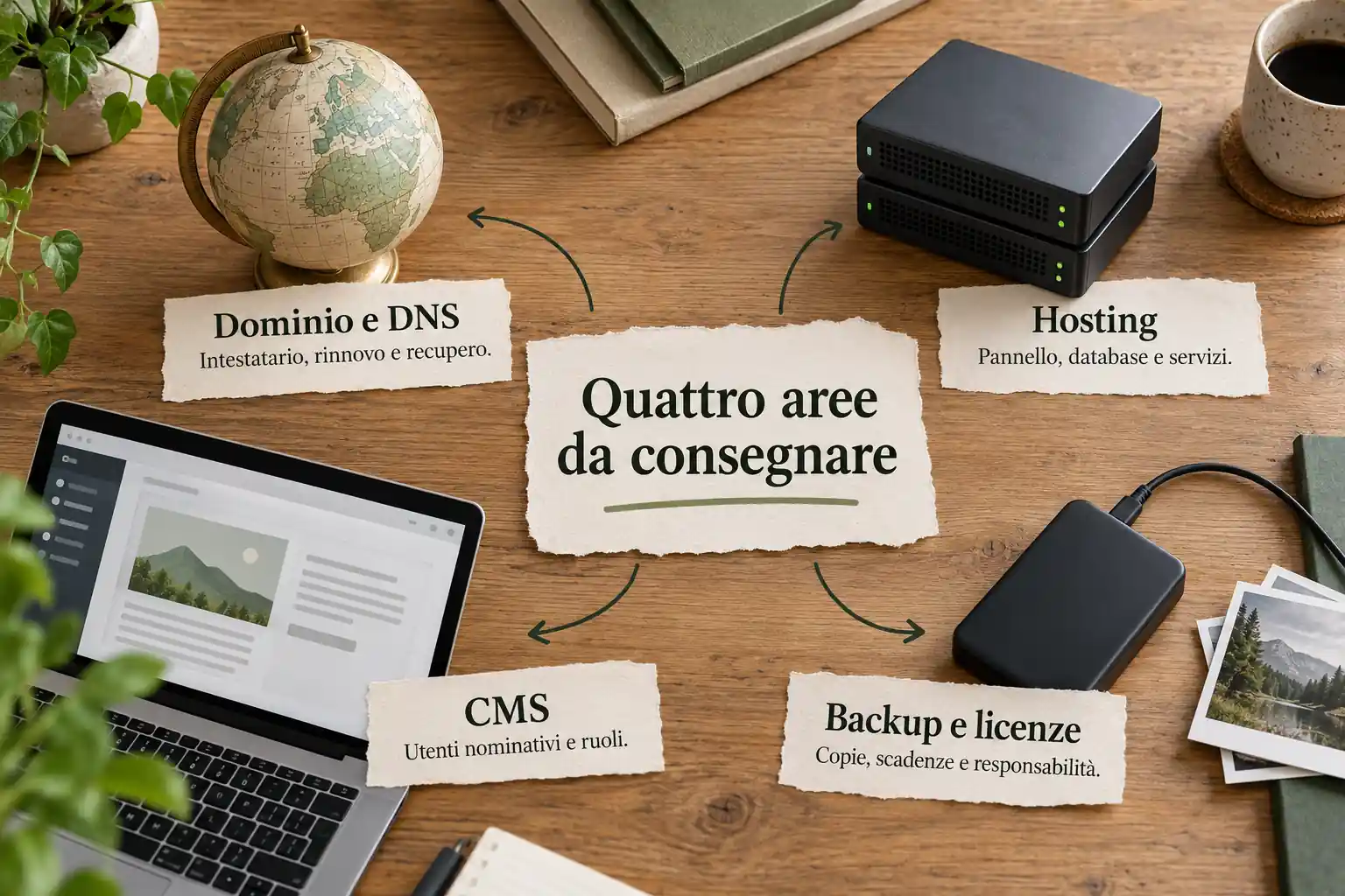 Oggetti e didascalie distinguono dominio e DNS, hosting, CMS, backup e licenze, con referenti e responsabilità.