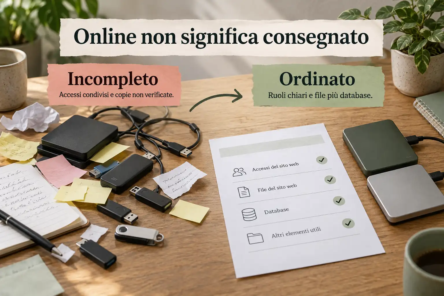 Dischi e appunti disordinati si confrontano con un inventario degli accessi, file e database: online non significa consegnato.