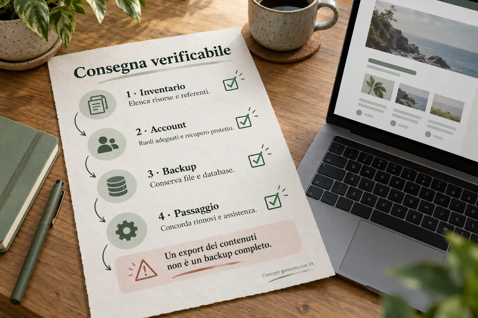 Lista in quattro passaggi: inventario, account, backup e passaggio. Un export dei contenuti non è un backup completo; il visual è un concept generato con IA.