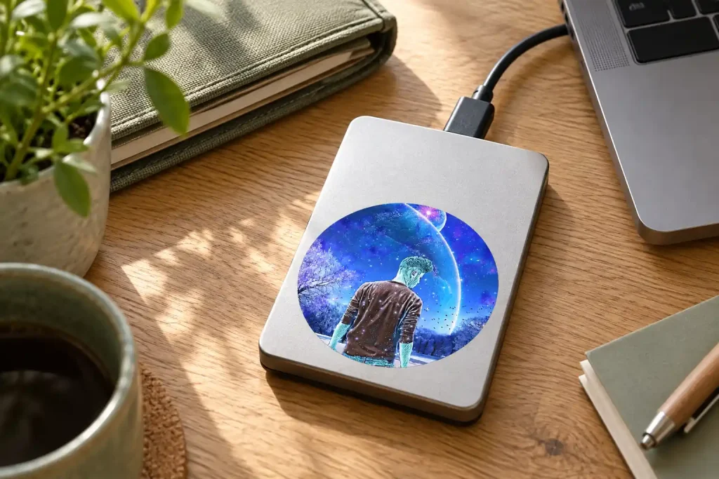 Disco esterno argentato con emblema cosmico stampato, collegato a un laptop e affiancato da un taccuino.