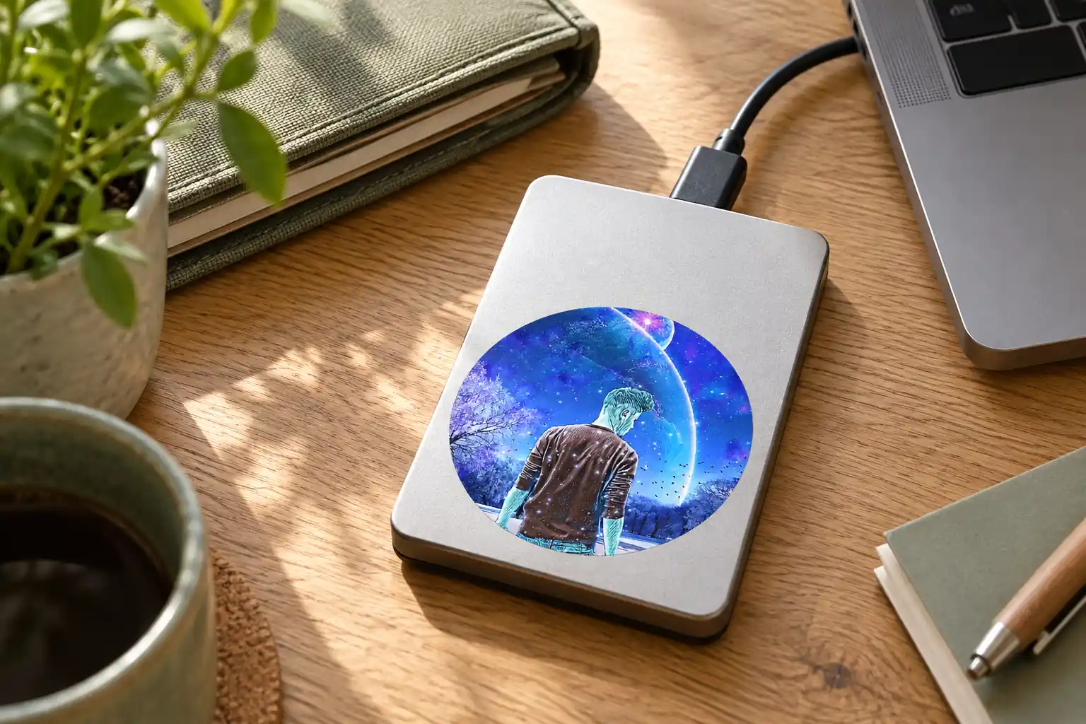 Disco esterno argentato con emblema cosmico stampato, collegato a un laptop e affiancato da un taccuino.