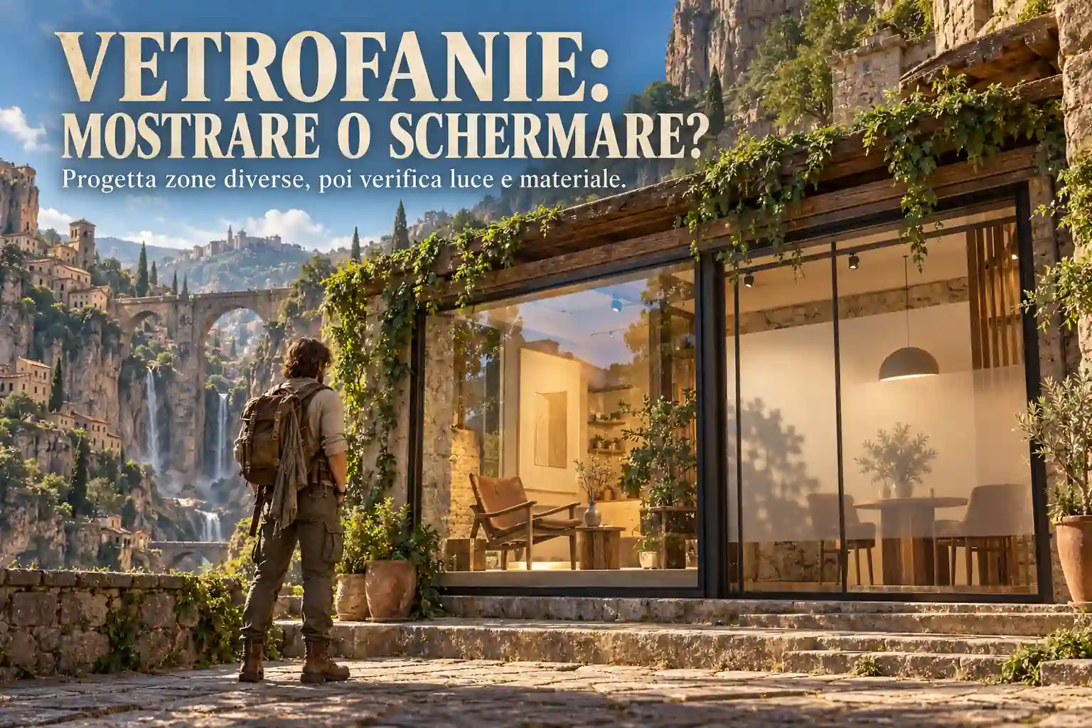Un esploratore osserva una vetrina in un villaggio tra i canyon: una zona mostra una sedia, un’altra scherma lo spazio interno.
