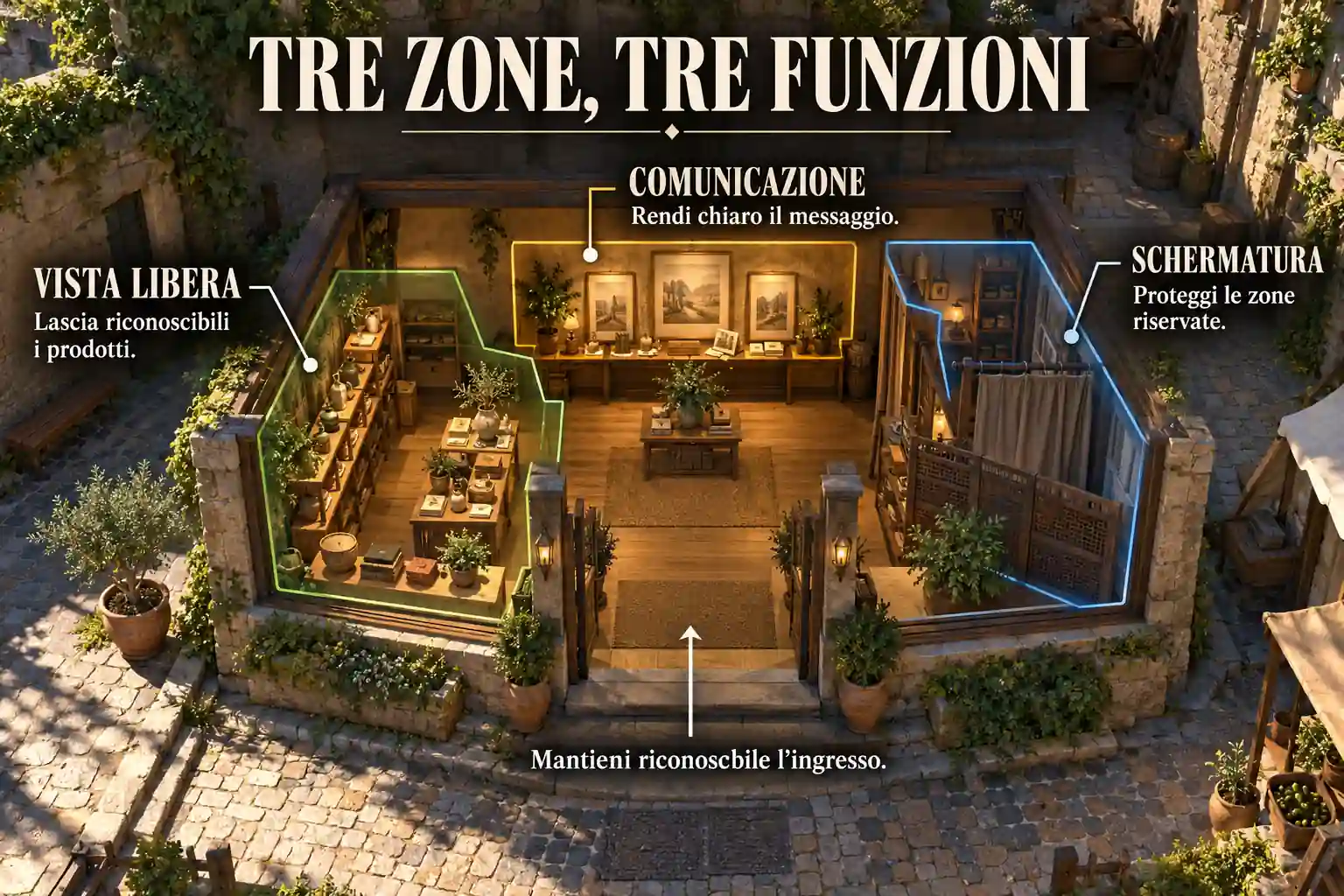 Pianta illustrata di un negozio con tre zone: vista libera sui prodotti, comunicazione del messaggio e schermatura degli spazi riservati. L’ingresso resta riconoscibile.