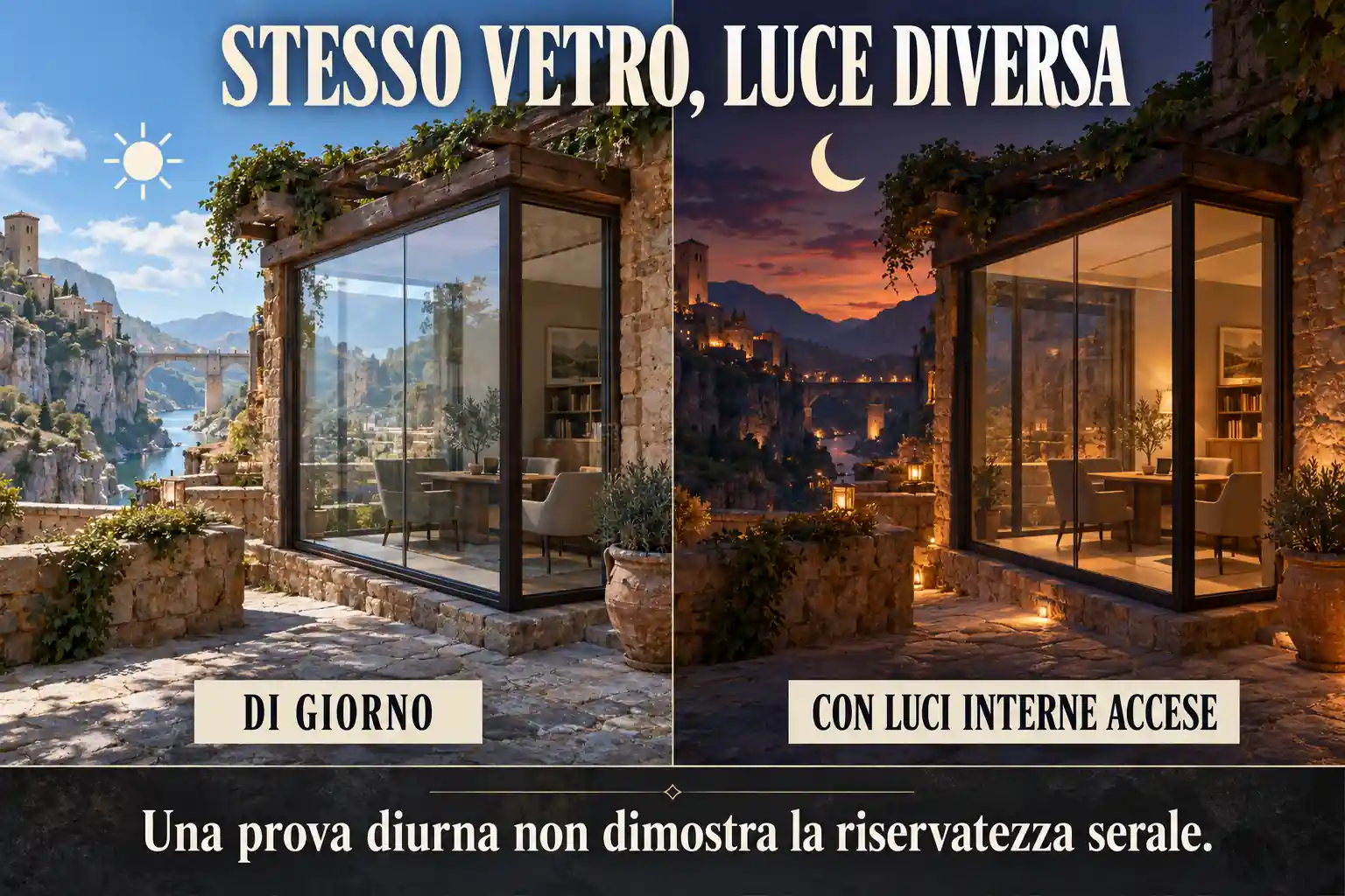 Confronto della stessa vetrata di giorno e con le luci interne accese: la prova diurna non dimostra la riservatezza serale.
