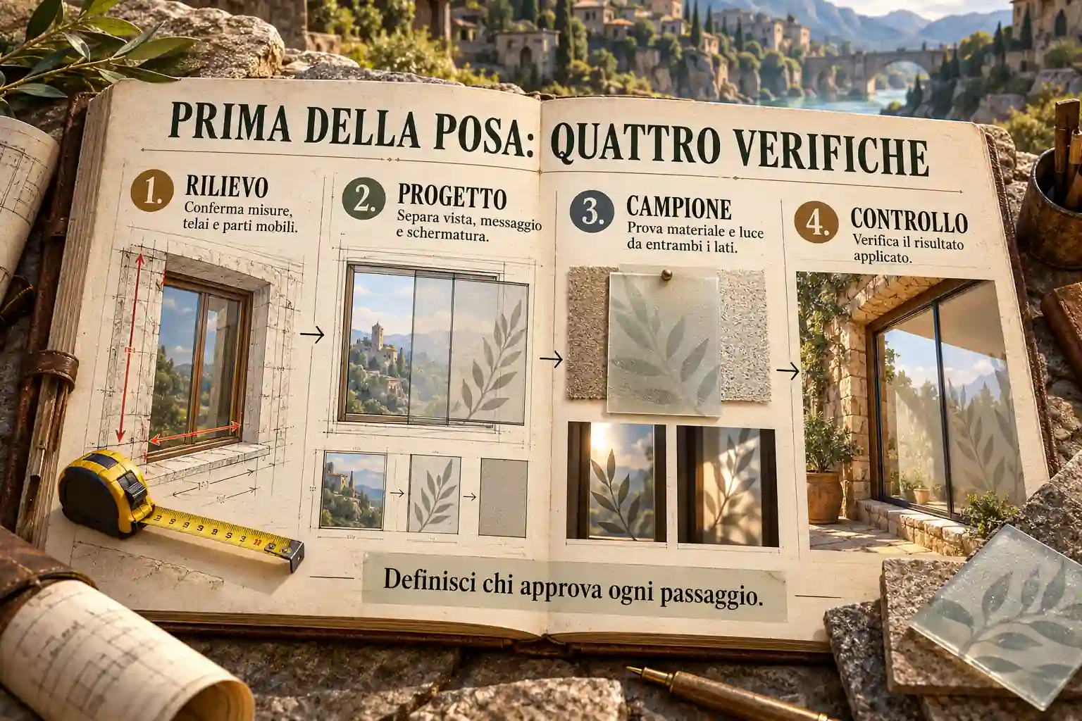 Un taccuino illustra quattro verifiche collegate: rilievo di misure e telai, progetto delle zone, prova del materiale e controllo dopo l’applicazione.
