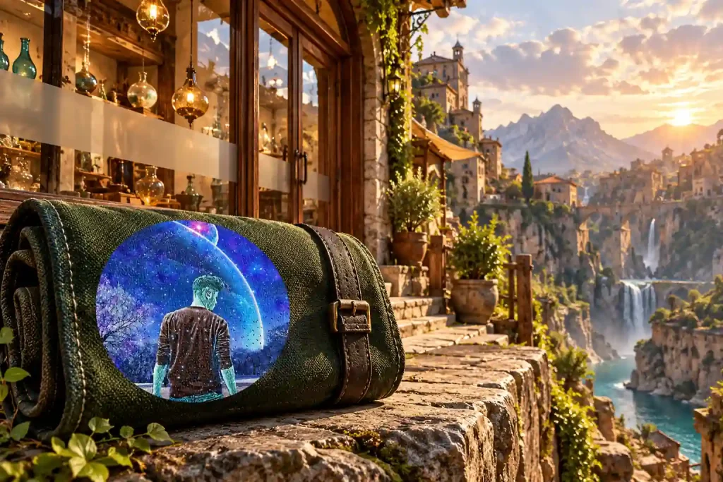 Astuccio verde con attrezzi davanti a una vetrina parzialmente schermata, tra case in pietra illuminate dal sole in un paesaggio immaginario.