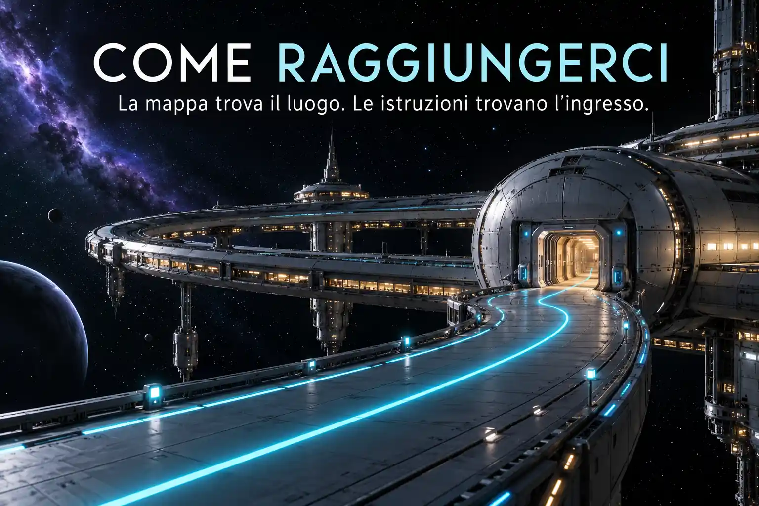 Un percorso luminoso attraversa una stazione spaziale fino a una porta: la mappa individua il luogo, le istruzioni aiutano a trovare l’ingresso.