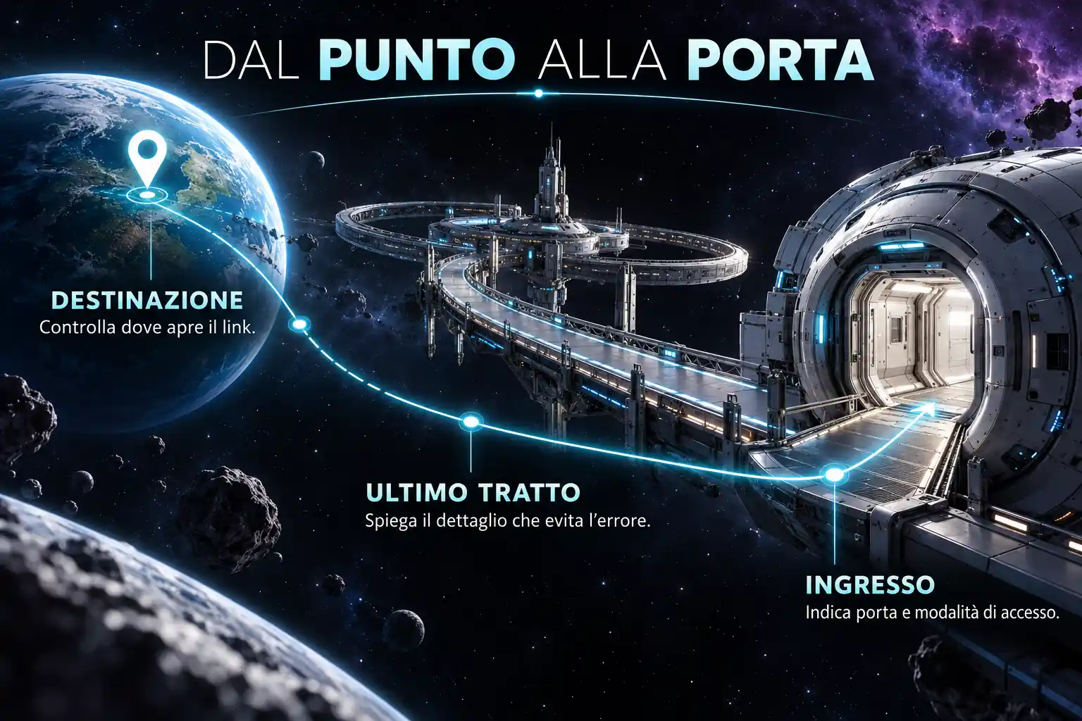 Percorso in una stazione spaziale con tre tappe: verificare la destinazione del link, spiegare l’ultimo tratto e indicare porta e modalità di accesso.