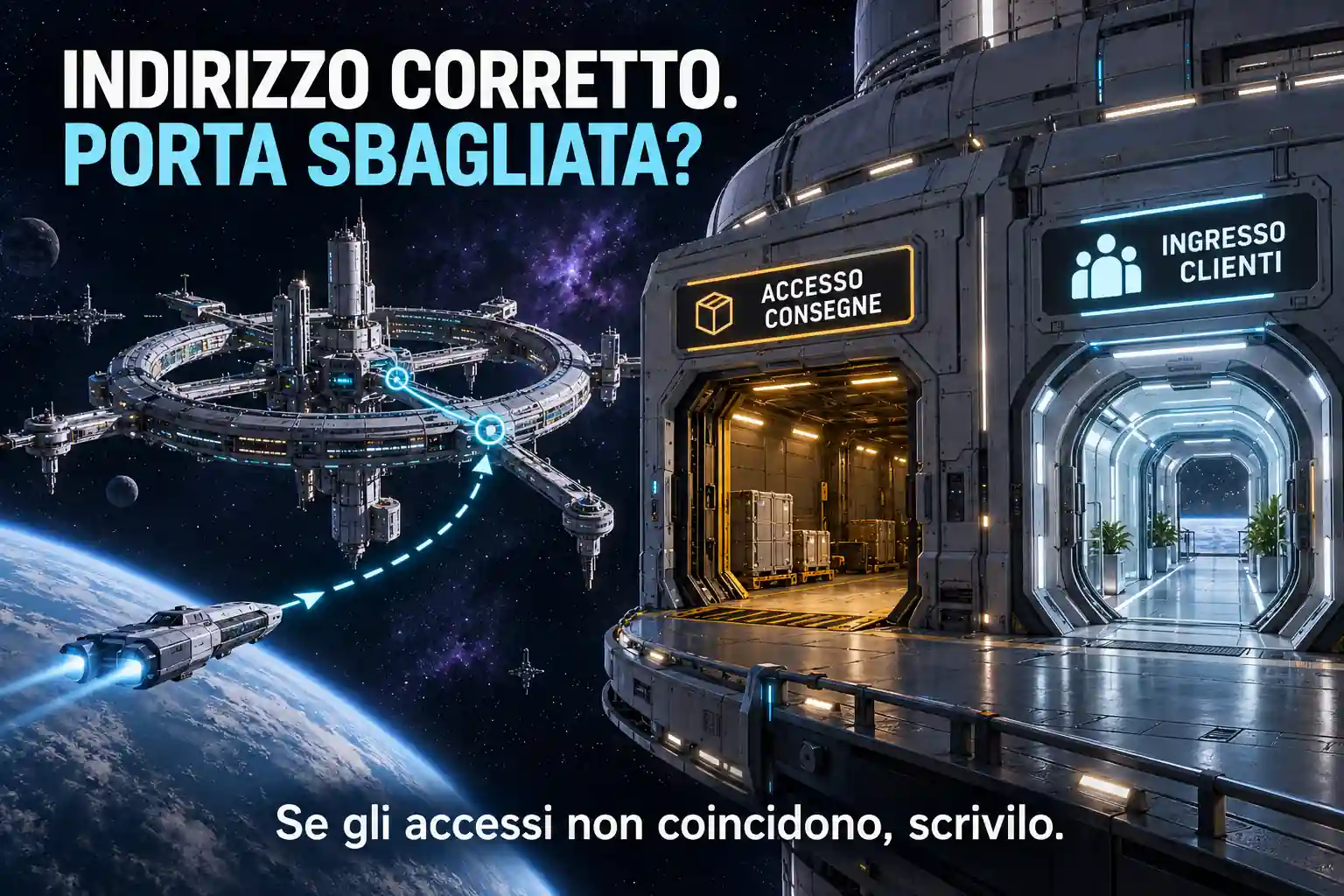 Due percorsi nella stessa stazione conducono a porte diverse: un accesso arancione per le consegne e un ingresso azzurro per i clienti.