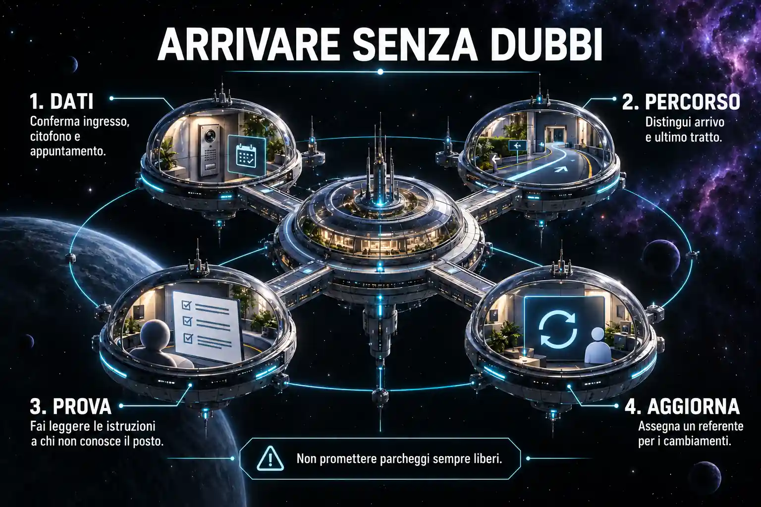 Quattro moduli orbitali rappresentano dati, percorso, prova con una persona che non conosce il luogo e aggiornamento. Il richiamo finale invita a non promettere parcheggi sempre liberi.